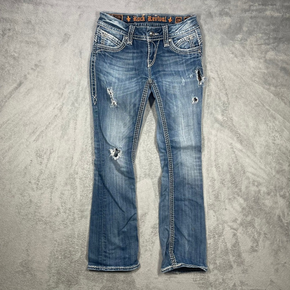 Rock Revival Aida Bootcut Jeans Women 28 Blue Distressed Embellished Pockets